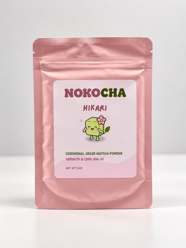 Nokocha Hikari ceremonial grade matcha, 50g pink pouch, front view
