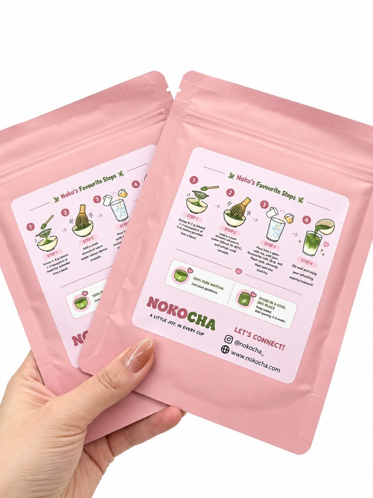 Back of the Nokocha Hikari pouch showing Noko's Favourite Steps brewing guide